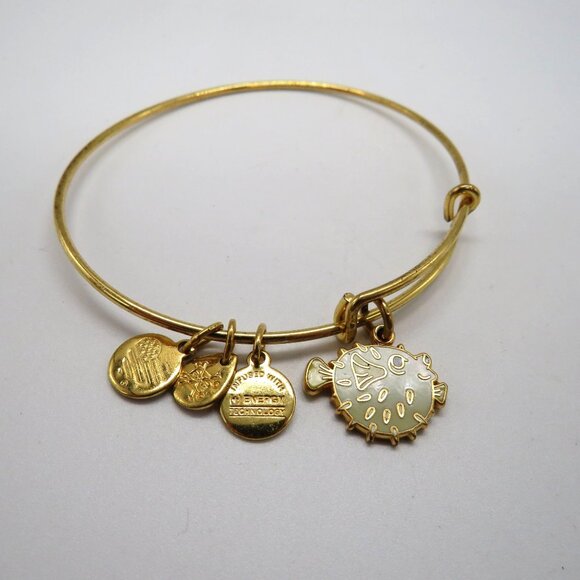 Alex Ani Bracelet Gold Tone Bangle Puffer Fish USA Charms Adjustable - Picture 7 of 11